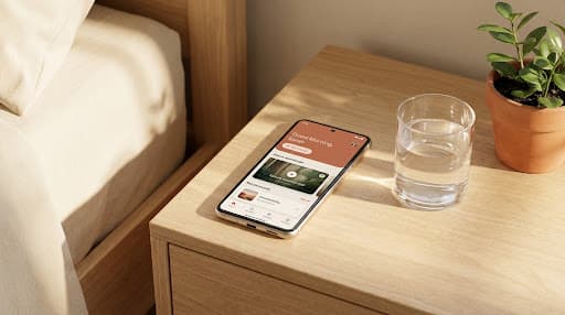 Phone on a bedside table beside a glass of water in soft morning light