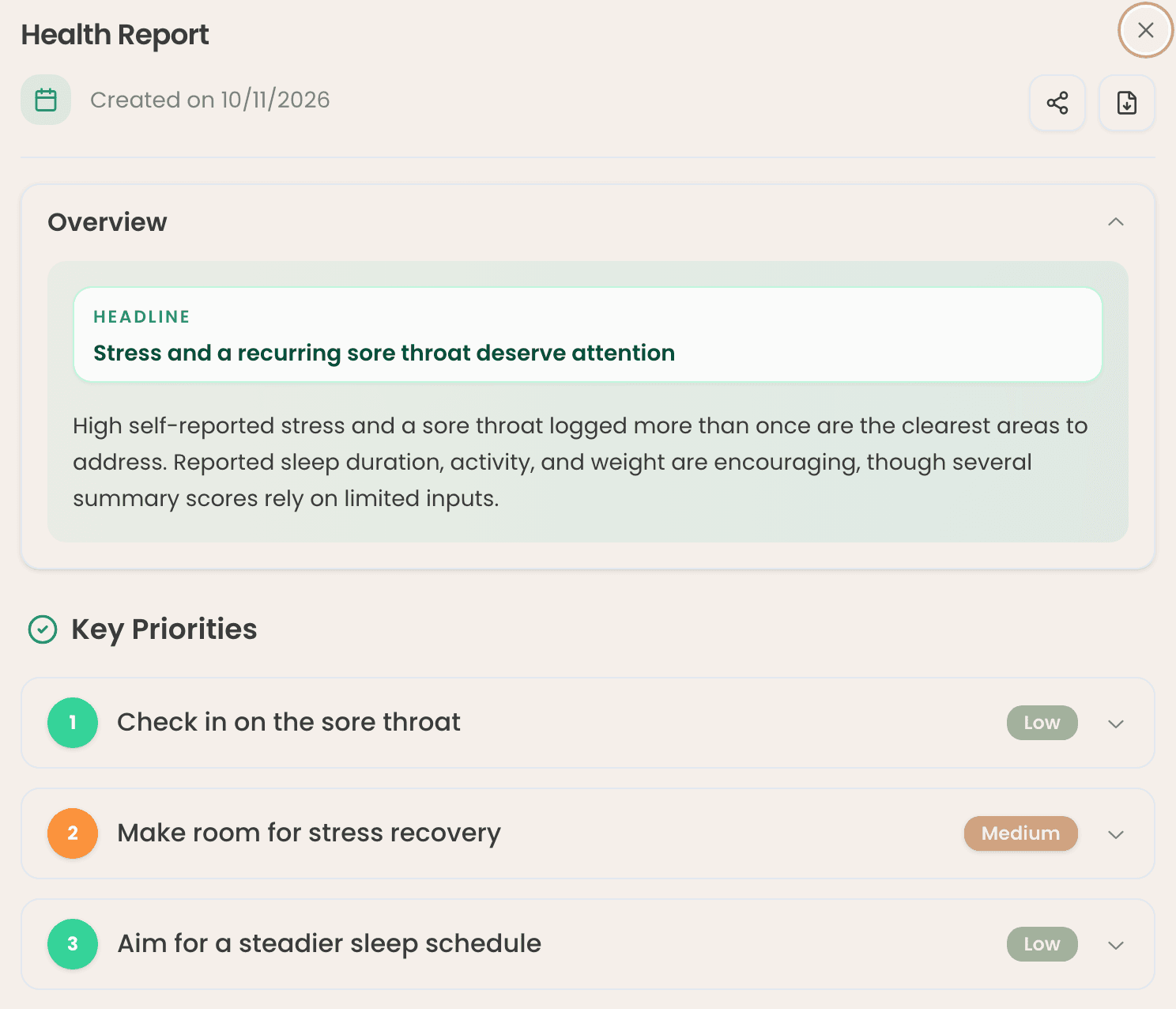 Health report: a headline, a short overview and three ranked priorities