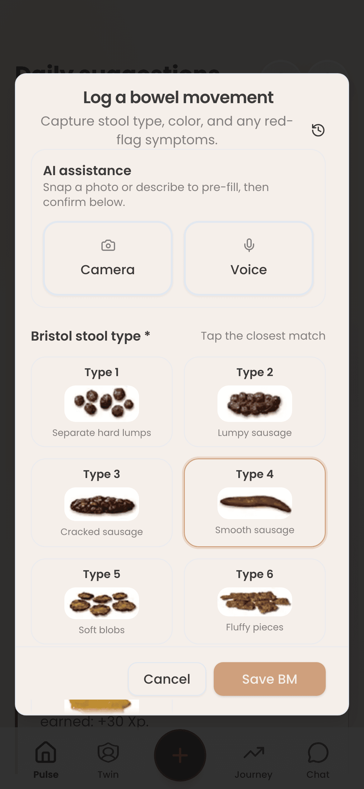 Log a bowel movement: Bristol type 4 selected, with camera and voice to pre-fill