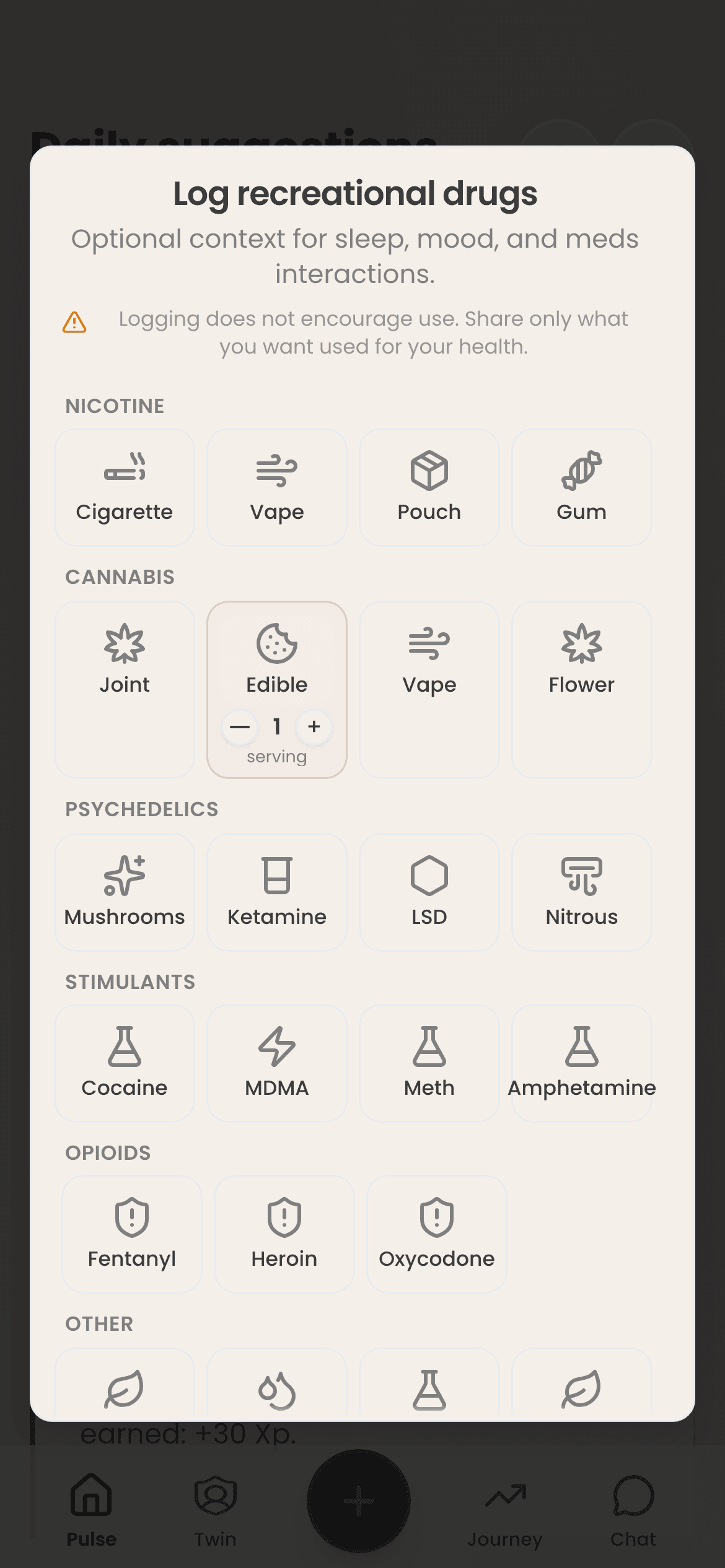 Log recreational substances: a cannabis edible selected, shared only for your health context