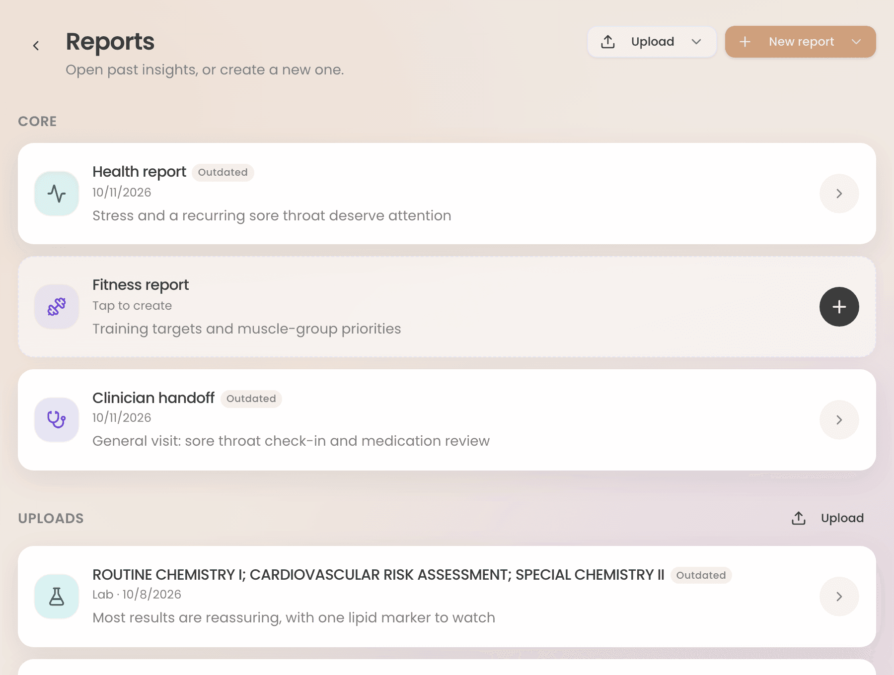 Reports: your health report, a visit packet for your doctor and an uploaded lab panel, each with a one-line summary