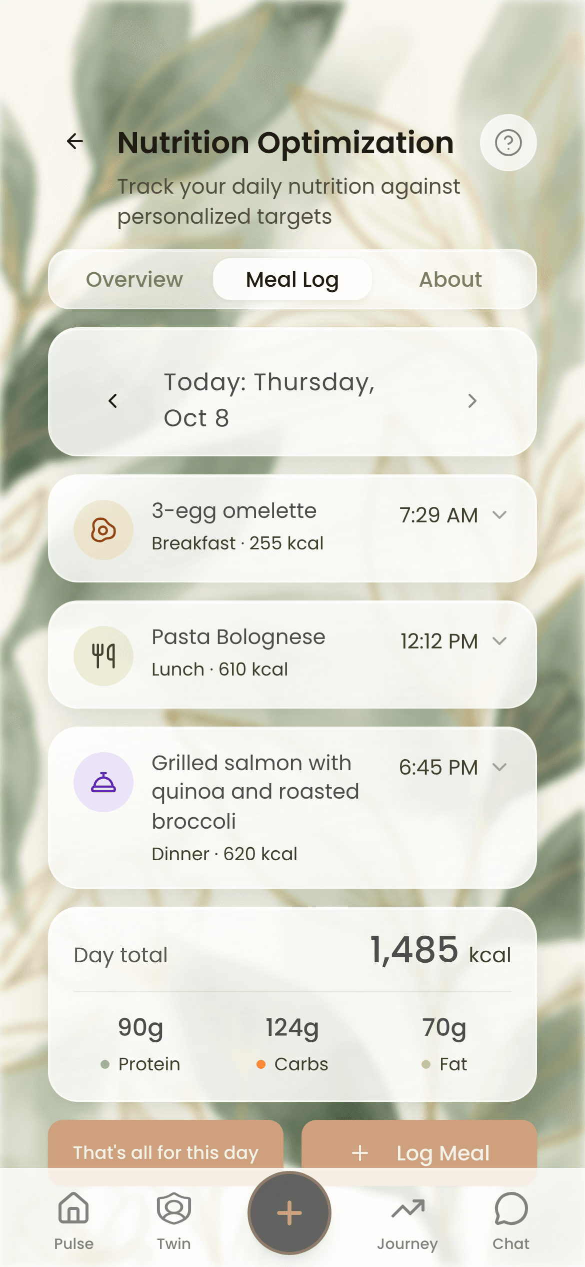 Today's meal log with the salmon dinner added to breakfast and lunch, and the day's totals (1,485 kcal)