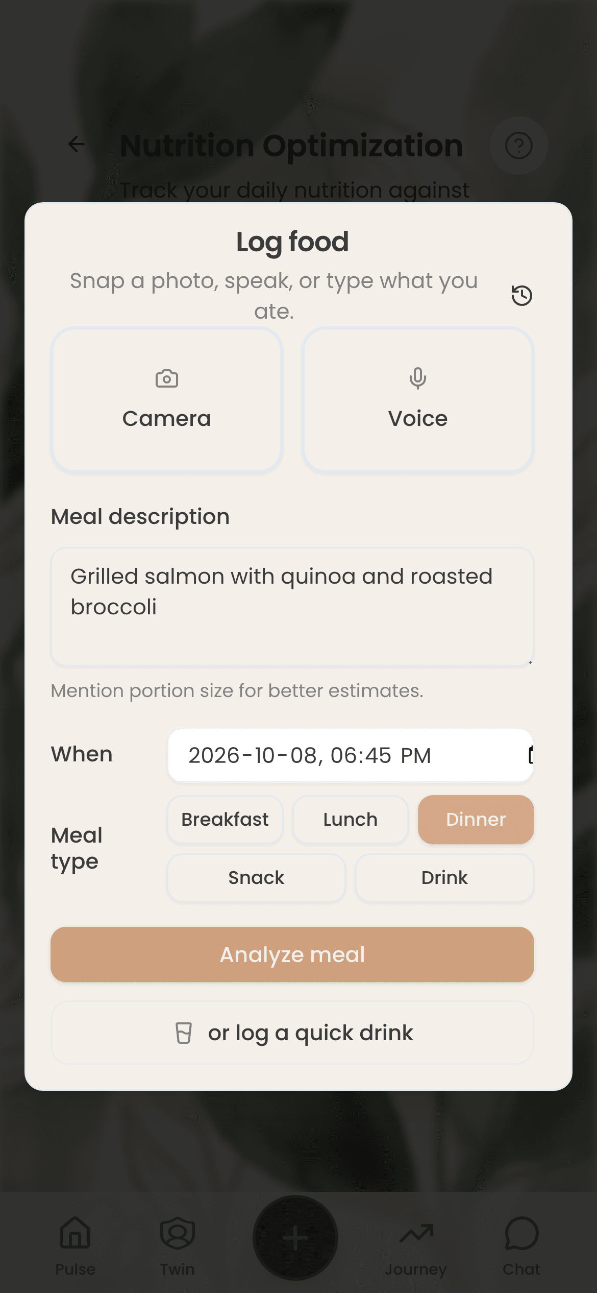Log food: grilled salmon with quinoa and roasted broccoli typed in as tonight's dinner, with camera and voice as other options