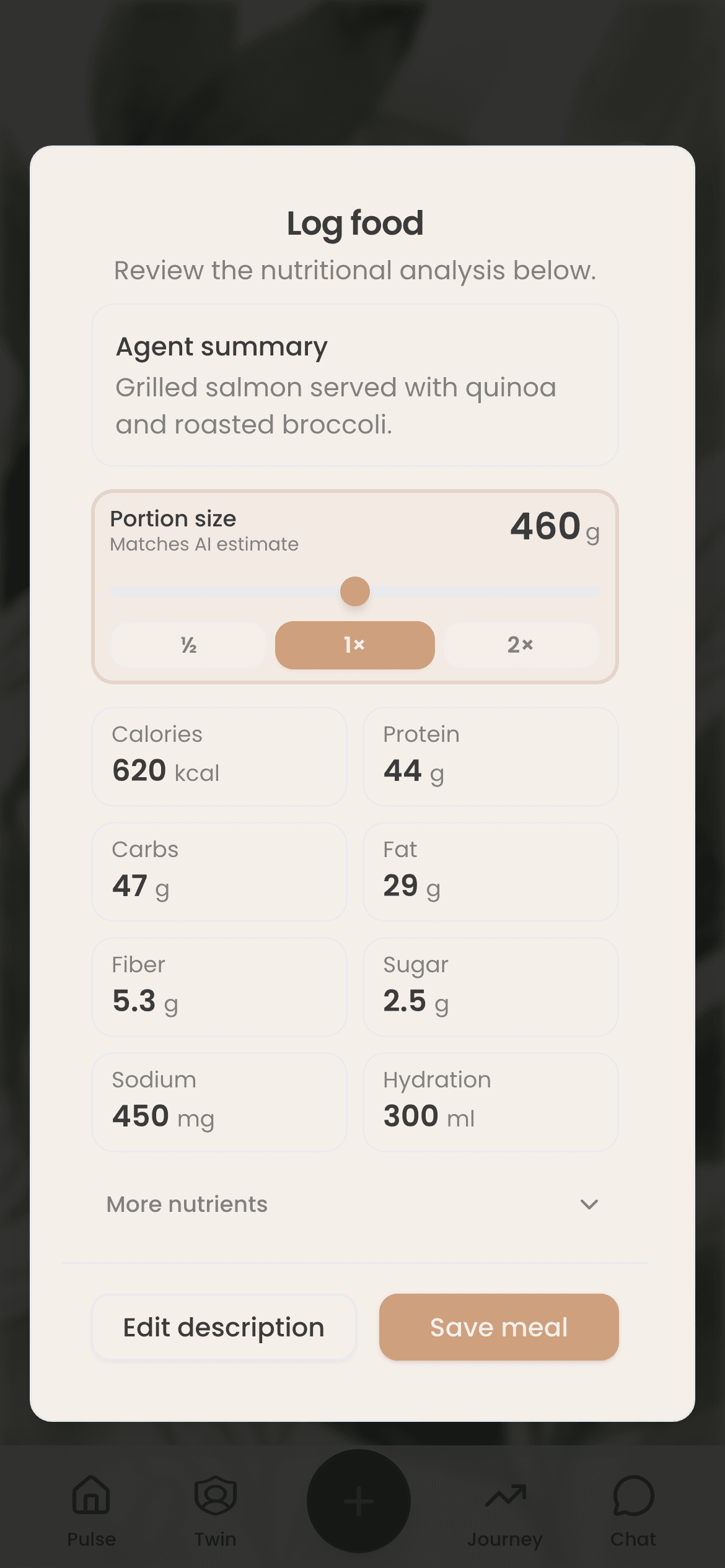 Review: the portion (460 g) and what Carthalis estimated — 620 kcal, 44 g protein, 47 g carbs, 29 g fat, plus fibre, sugar and sodium