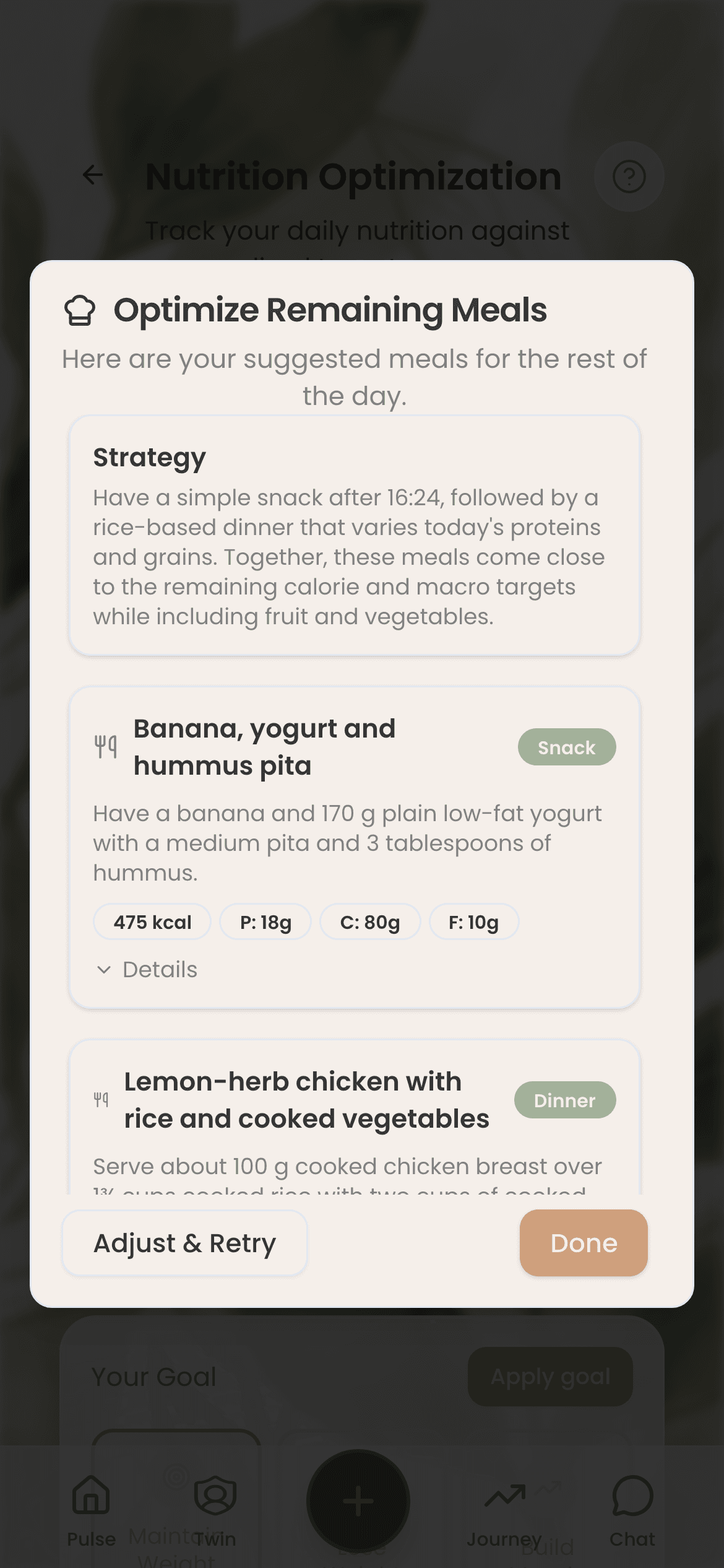 Meal suggestions for the rest of today: a short strategy, then each meal with its calories, protein, carbs and fat