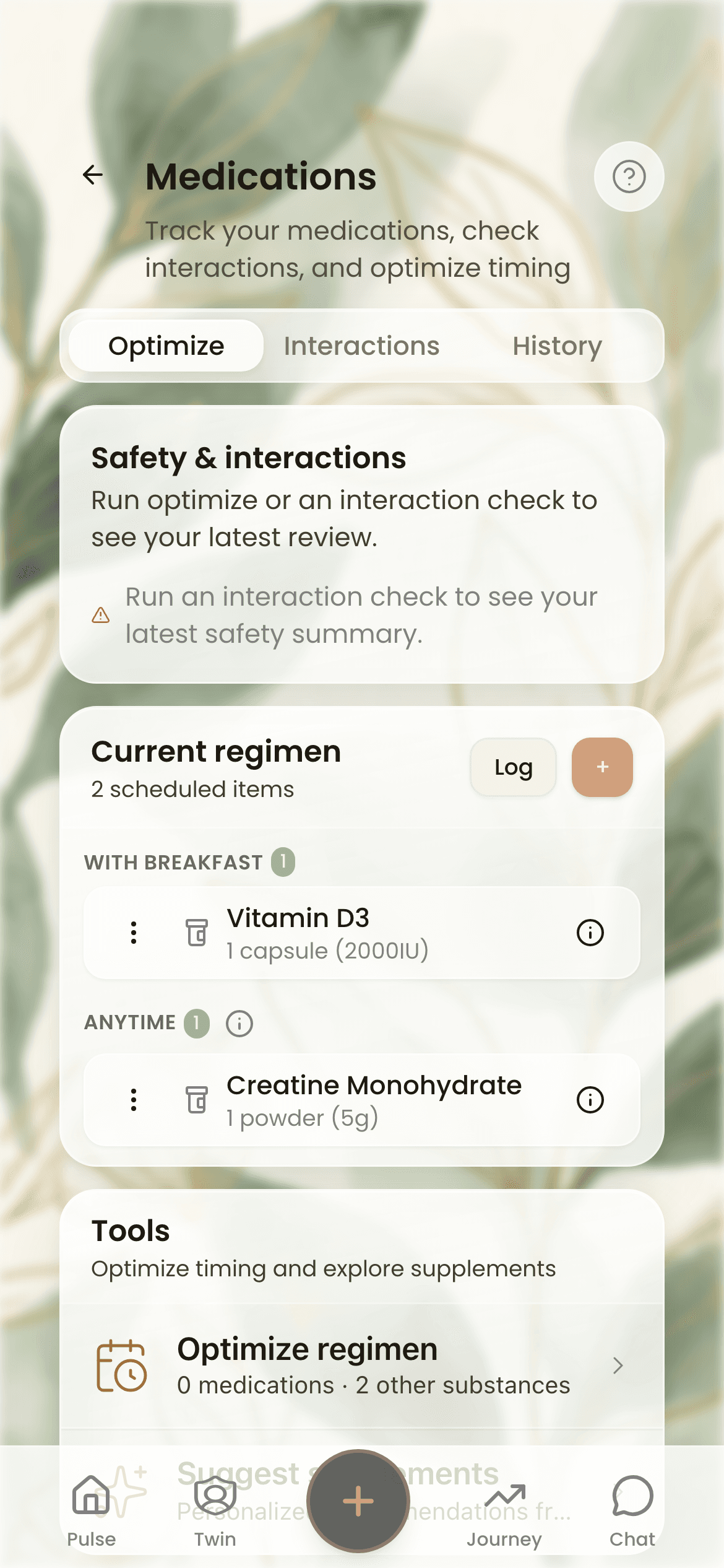 Medications screen: today's supplements, grouped by when to take them