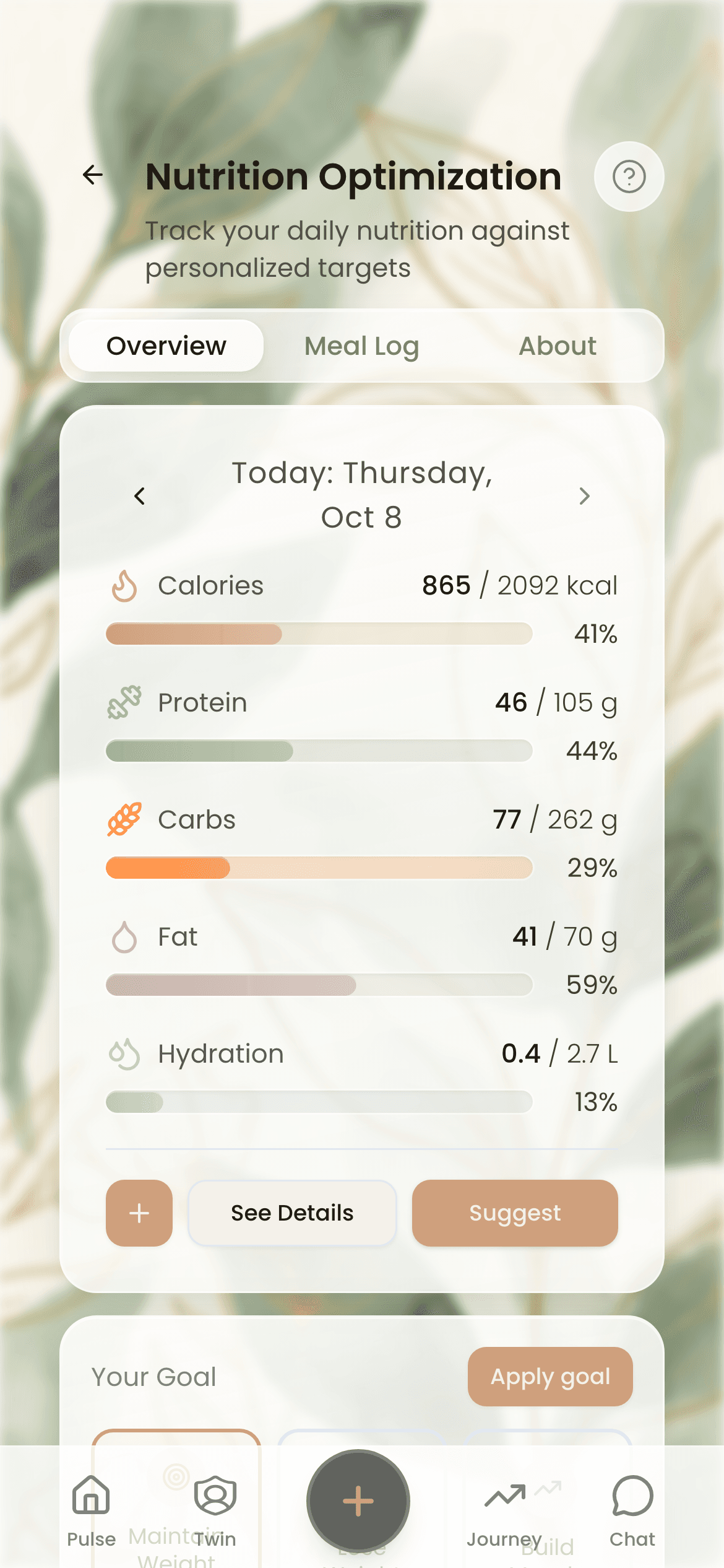 Nutrition screen: today's calories, protein, carbs, fat and hydration against your targets