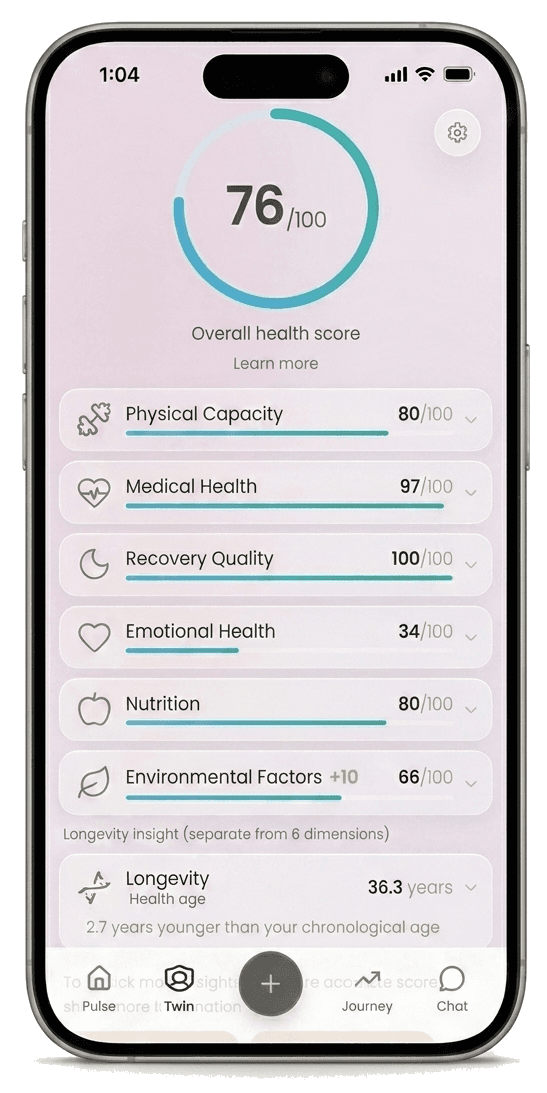 The Carthalis app on a phone: an overall health score of 76 out of 100, scores for six areas and a health age